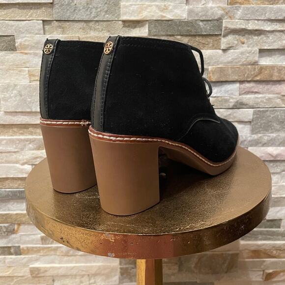 Tory Burch Hilary Suede Chukka Booties | Black Lace-Up, Block Heel, 8M - Picture 3 of 13